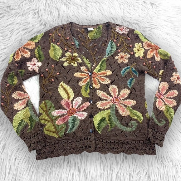 Peruvian Connection Sweaters - Peruvian Connection Floral Cardigan Sweater Knit